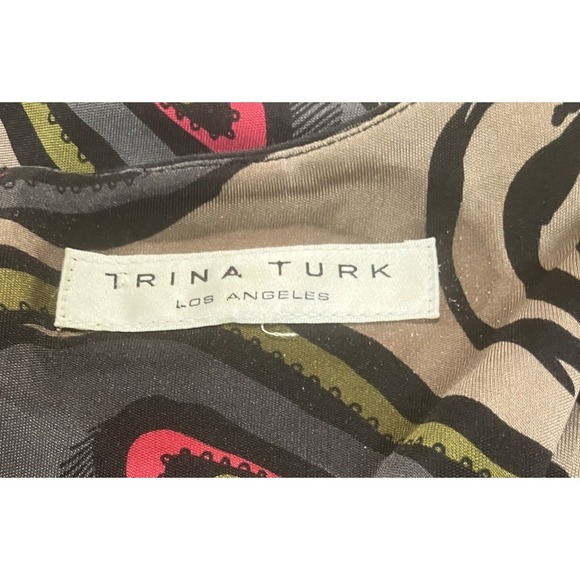 Trina Turk SILK Slimming Psychedelic Print Drape Neck Knee Length 16" Pit To Pit - Picture 7 of 8